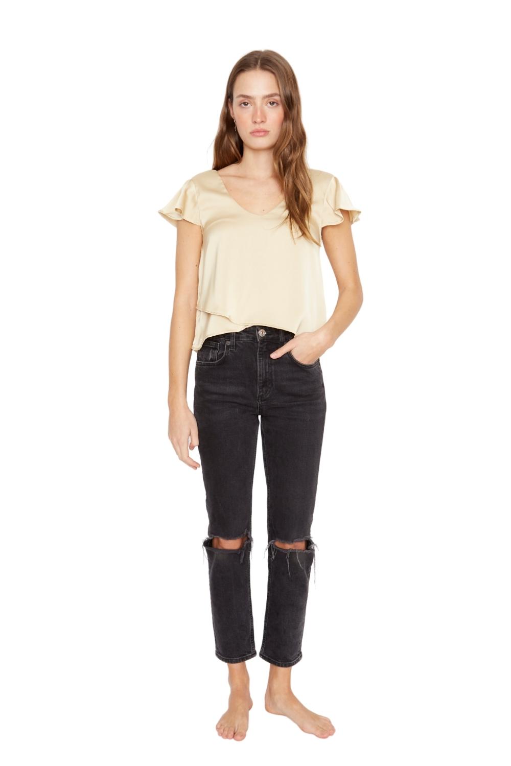 Polera Sara manga corta satin dorada